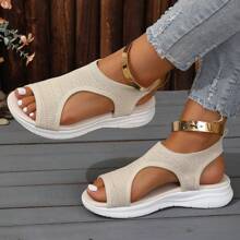 Sandalias deportivas de punto, sandalias con suela gruesa en blanco y negro, sandalias de estilo bohemio de patchwork y calado, estilo casual de vacaciones para mujer, sandalias de playa de verano con suela blanda