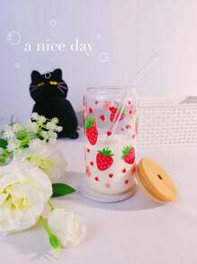 1 Pack, 500ml, Bowknot Pattern, Glass Iced Coffee Cup, With Bamboo Lid, Straw, Cute, Creative, Cold Drink Tumbler, Travel Mug, Christmas Gift, Office, Coffee Lover, Water Bottle, Milk Tea Cup, For Christmas Decorations, Party, Holiday