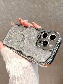 Sequins Shiny Metallic Silver Plated Wavy Bowknot Design Soft Phone Case Compatible With IPhone 16 Pro Max/16/16 Pro/16 Plus/15/15 Pro Max/15 Pro/15 Plus/11/12/13/14 Pro Max/XS/XR/11 Pro/11 Pro Max/12 Pro/12 Pro Max/13 Pro/13 Pro Max/7 Plus/14 Pro/14 Pro Max/14 Plus/7 Plus/8 Plus/8/SE2, Minimalist Creative