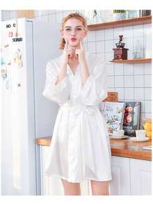 1pc Women Bride Morning Robe, Spring Summer Wedding Sleepwear, Bridal Satin Robe, Sexy Loungewear Back To School - White - View 4