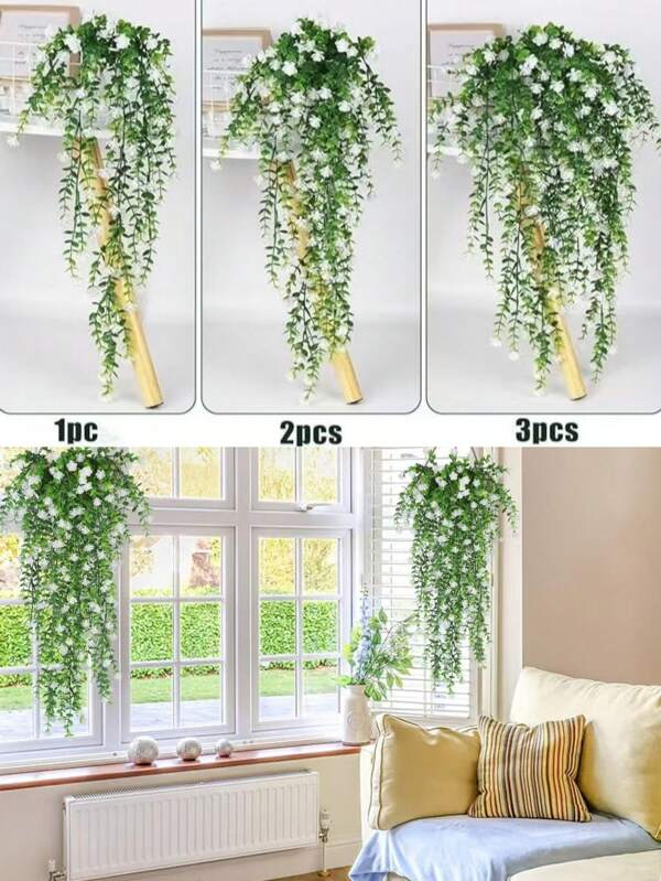 3 Stücke 78cm Künstliche Blumen Buchsbaum Grünpflanzen Efeu Ranken, UV-beständige Plastikpflanzen Girlande hängende Sträucher für Hochzeit Party Raum Veranda Aufhängekorb Innenraumdekoration Außendekoration (Weiß)