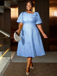 Đầm tốt nghiệp dáng chữ A tay phồng họa tiết hoa hồng jacquard cỡ lớn dành cho nữ, thích hợp cho đi làm, dự tiệc cocktail thanh lịch, khiêu vũ bán trang trọng, sinh nhật, dự đám cưới, lễ tốt nghiệp, dạ hội, lễ hội trường và các dịp khác, đặc biệt cho ngày Valentine mùa xuân. - Màu xanh nhạt - Xem 7