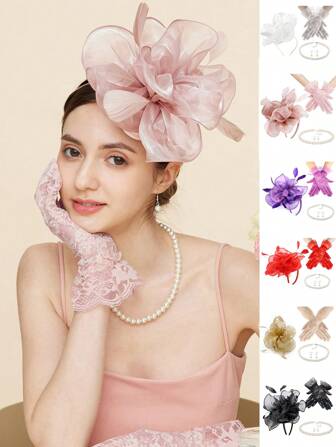 4 件套迷人帽子套装羽毛德比茶会帽配蕾丝手套珍珠项链适合婚礼女士万圣节