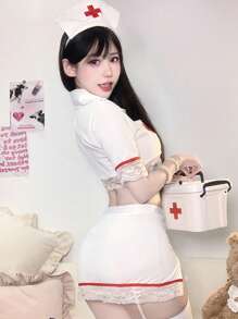 1 Set Of Sexy Nurse Uniform Lace Suit Small Chest Shows Big Temptation Sexy Hot Flirting Uniform Suit Does Not Match Stockings Halloween