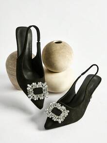 女士新款水晶搭扣细高跟鞋，尖头踝带工作办公鞋，黑色百搭凉鞋，春秋季圣诞节冬季圣诞礼物 - 黑色 - 查看 2