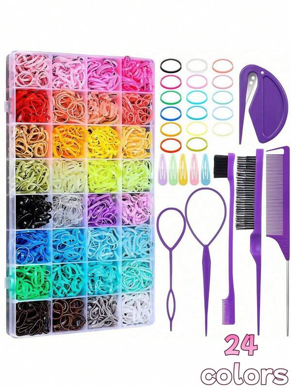 24 Colors Small Hair Rubber Bands With 6 Hair Styling Tools, 1800 Pcs Elastic Girl Baby Hair Ties Mini Hair Bands With Hair Elastic Cutter Hair Accessories,Cute Headwear With Diverse Hair Loops, Collection For Daily Use