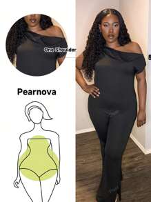 Truni Plus Size Asymmetrical Neck Short Sleeve Simple Jumpsuit Casual Everyday Wear Black Slim-Fit Jumpsuit