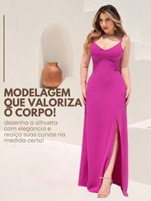 Long Plain Dress With Slit And Adjustable Straps For Wedding Party Bridesmaid Guest - 玫瑰紅 - 查看 2