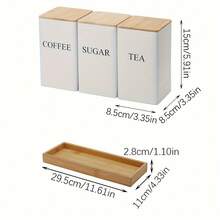 3pcs Coffee, Sugar Storage Set With Bamboo Lid, Metal Food Storage Containers For Tea, Coffee, Sugar, Candy, Kitchen Organization