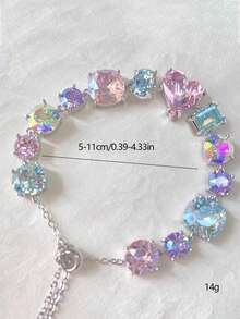 1pc Heart & Geometric Colorful Zirconia Stone Women Bracelet, Fashionable & Fresh Metal Band, Summer - 彩色 - 查看 5