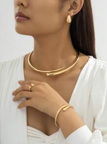 1 Set Fashionable & Elegant Advanced Design Geometric Shaped Alloy Bracelet, Necklace, Stud Earrings Jewelry Set, For Holidays, Parties, Dates - Elegant Gift For Girlfriend