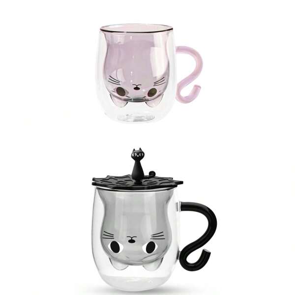 Double Wall Glass Cat Mug - Insulated Cute Coffee Cup With Handle, Holiday Gift For Women/Wife (Christmas Halloween Valentine's Mothers Day Easter) Birthday Present Idea For Cat Lovers