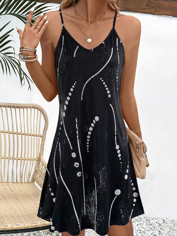Ladies' Geometric Pattern Fashion Strap Dress,Simple Sleeveless Floral Sundress, Beach V-Neck Dress For Summer Clothes,Casual Summer Outfits For Women,Slip Dress Vacation Outfits Women