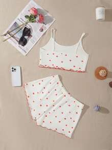 Neuer Frühlings-/Sommer-Lässig, süßer & sexy Trägerhemd und gerippter Herz-Muster Shorts Pyjama-Set, Loungewear, Urlaub