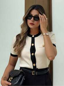 Seelio Women New Short Sleeve Knit Top, French Style Color Blocking Button-Up Round Neck Fitted T-Shirt, Short Sleeve Knit Cardigan