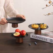 1pc Stainless Steel Cake Stand With Wooden Base, Multi-Functional Dessert Display Plate, Fruit Tray Suitable For Dining Table Decor, Home And Kitchen Use, Ramadan