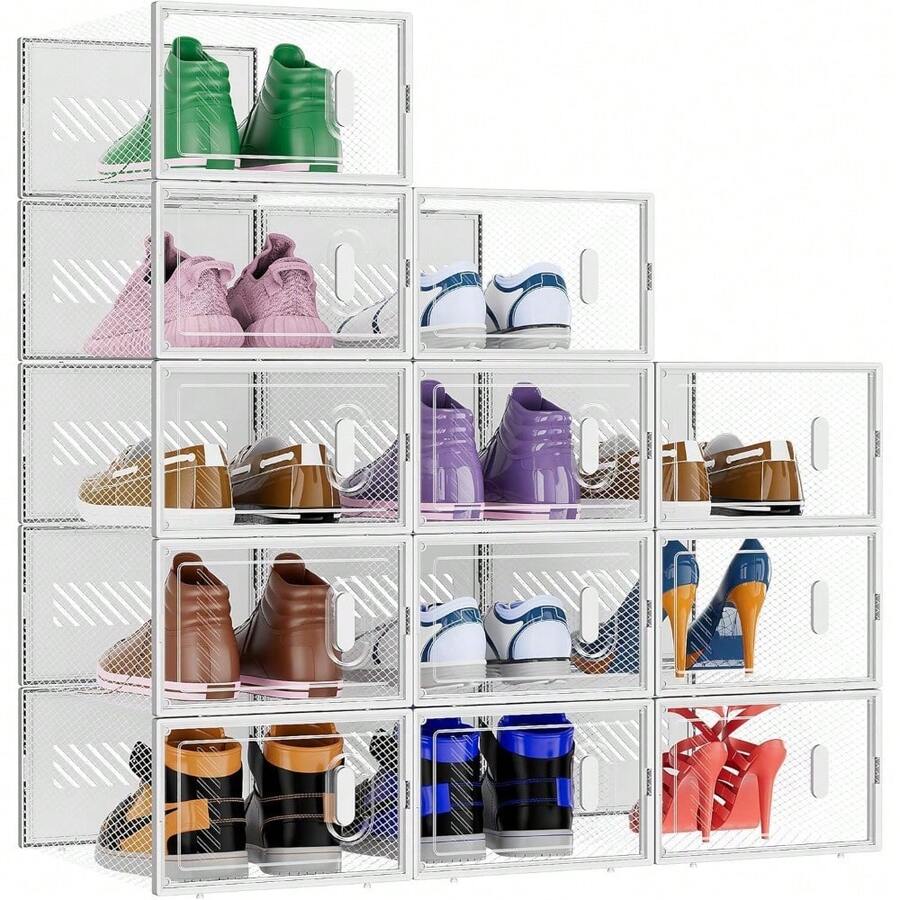 12 Pack Stackable Shoe Storage Boxes Fit Size 9, Thickened Clear Shoe Box Bins With Lids, Plastic Foldable Organizer Sneaker Storage Containers (Large, Black) - White - View 1