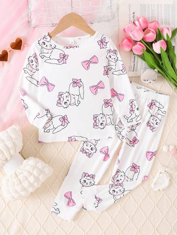 2pcs/Set Girl's Cat & Bow Print Homewear Set, Long Sleeve Round Neck Top And Casual Long Pants