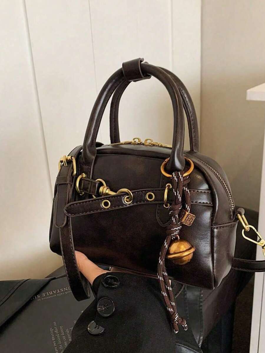 复古咖啡棕色顶部手柄女士保龄球包，全新肩带设计，小巧休闲斜挎包，带结饰，可装手机和零钱包，情人节礼物