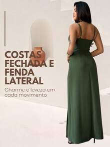 Long Plain Dress With Slit And Adjustable Straps For Wedding Party Bridesmaid Guest - Hijau Tentara - View 3