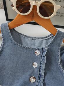 2pcs Baby Girls Casual Lace Trim Denim Vest And Pants Set, Suitable For Outdoor Spring/Summer - Blue - View 3