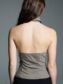 Women Button Down Halter Shirt Y2k Ruffle Collared Halter Top Backless Lapel Collared Sleeveless Button Up Shirt - Nâu nhạt - Xem 3