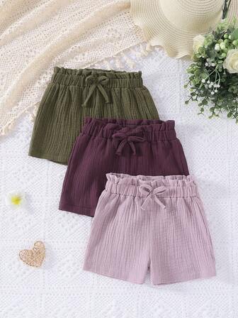 3pcs/Set Young Girls' Solid Color Casual Shorts, Lightweight Summer Pants, Versatile For Toddler & Little Young Girl