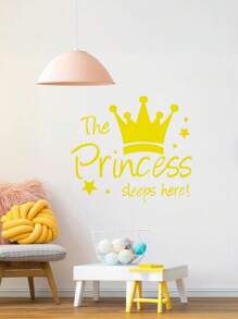 1pc Crown Wall Decals Princess Sleep Here Wall Stickers Little Crown Star Art Quotes Wall Decal Removable DIY Mural Art Words With Flower Quotes Vinyl Decal For Home Decorations, For Girls Bedroom Living Room Nursery Home Background Decoration, Rama Decoration Stickers Gifts Birthday Graduation