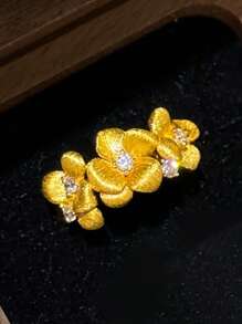 1pc Minimalist Gold-Plated Textured Crystallized Cherry Blossom Ring, Unique New Chinese-Style Vintage Delicate Versatile Ring Suitable For Women's Daily, Party, Festival Gift