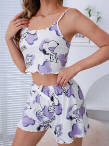 SNOOPY Authorized PEANUTS Snoopy Summer Sweet Cartoon Graphic Top & Shorts Women's Summer Cute Style Pajama Two Pieces Set Outfit