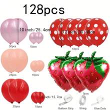 128 Teile Set, Erdbeeren Party Deko Ballon Girlande Bogen Set, rot, hellrosa, orange Ballons, Erdbeeren Folienballon, geeignet für Erdbeeren Geburtstags-, Hochzeits-, Jubiläums- oder Verlobungsparty