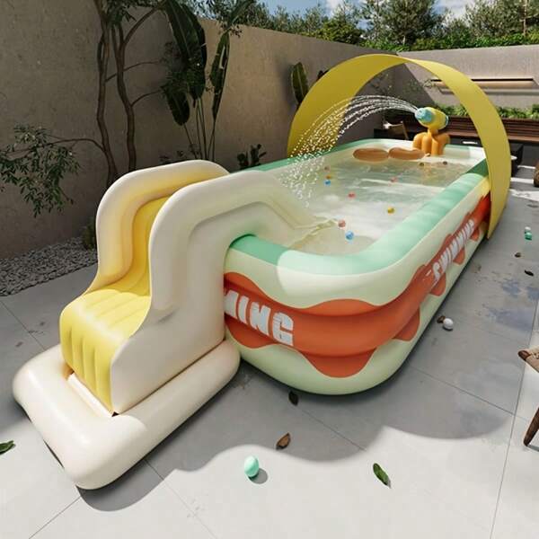 Outdoor Portable Inflatable Pool, 3-Layer Large Inflatable Swimming Pool | Family Size | Thick PVC Material | Waterfall And Slide | Outdoor Recreation | Summer Fun | Cute Design | Portable Outdoor Inflatable Pool