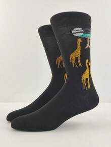 1 Pair Black Mid-Calf Socks With Giraffe & Tree Pattern, Stylish & Personalized For Everyday Wear, Spring/Autumn - Multicolor - View 1