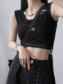 女士短款吊带背心，露脐设计，独立美式风格，休闲黑色夏季款 - 黑色 - 查看 2