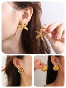 8 Pcs Women's Fashion Elegant Gold Acero Inoxidable Earring Set, Featuring Jewelry Elements Of Starfish, Shells, Seashells, And Coral, Hypoallergenic, Colorfast, Suitable For Daily Wear, Graduation Season Gift