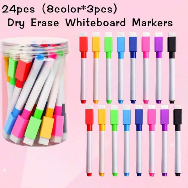 24PCS Colored Non-Magnetic Erasable Markers Color Whiteboard Pens Teachers Use Drawing Pens To Write(8 Color*3pcs)