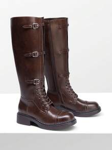 Women's Motorcycle Boots Side Zipper Knee High Boots Square Toe Chunky Low Heel Buckle Decorated Straps Fashion Retro Riding Boots - 棕色 - 查看 2