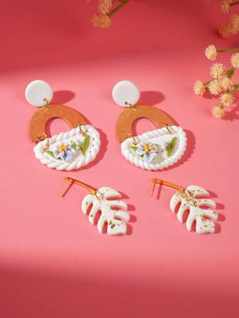 New Handmade Polymer Clay & Metal Leaf Floral Dangle Earrings, High-End Oil Painting Style Earrings For Women