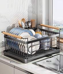 Sleek Modern Dish Rack - Black Metal & Natural Wood Kitchen Organizer (46x31x23cm) | Spacious Countertop Drying Rack With Wooden Handles - Black - View 11