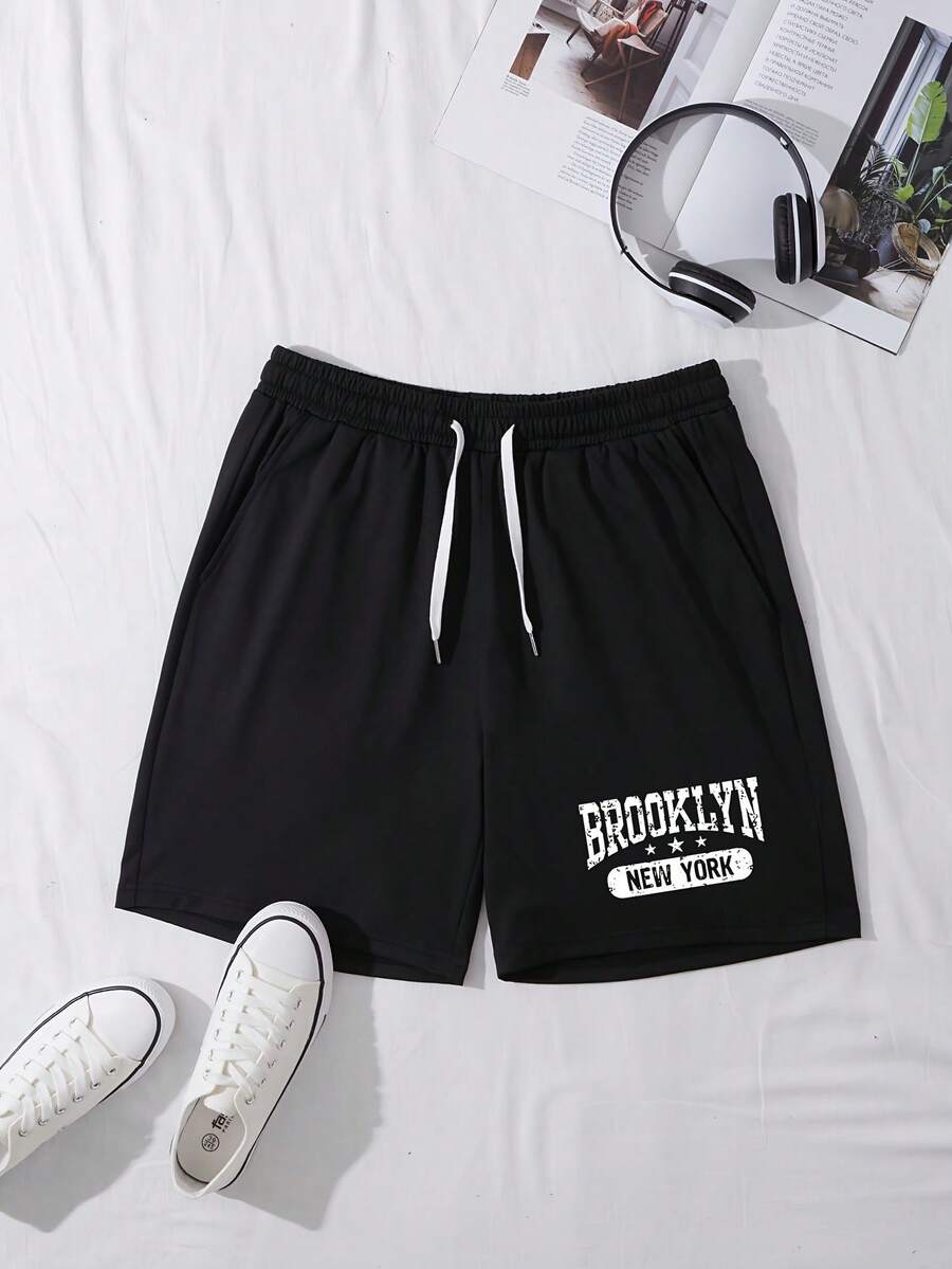 Brooklyn Print Men's Short Set, Men, Ropa De Hombre, Men Shorts Set, Pantalones De Hombre, Shorts For Men, Graphic Tees Men - màu đen - Xem 1