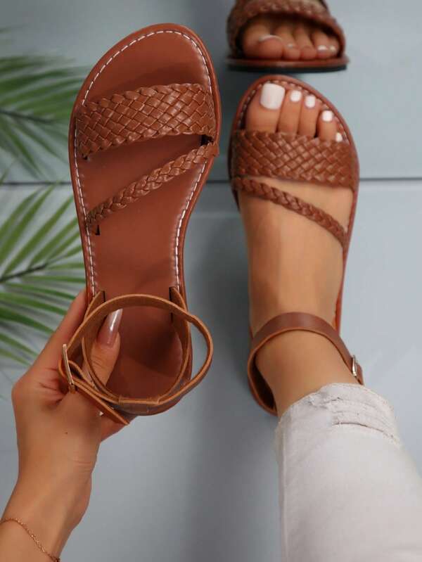 Sandalias tejidas estilo europeo y americano, sandalias planas para mujer para la playa en verano