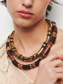 2pcs Bohemian Style Wooden Beaded Necklace Set, Vintage Geometric Pendant Choker Necklaces For Women, Suitable For Daily And Vacation Wear