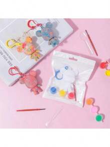 Set de manualidades de creación DIY que incluye un llavero con diseño de oso fluido estilo graffiti, conejo de orejas largas y pequeña decoración de alien, con base blanca para pintar a mano (Incluye: 3 colores u 12 colores de pinturas acrílicas y pinceles) (Colores de accesorios al azar), Vuelta al colegio