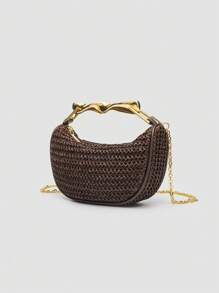 1 pieza Bolso de playa trenzado, nuevo bolso de verano para mujer con asa metálica, mini bolso cruzado con cremallera trenzado, bolso tote casual de paja trenzado, perfecto como accesorio para playa y vacaciones, incluye correa desmontable