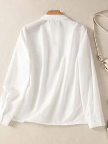 Women's Solid Color V-Neck Button-Up Shirt - Long Sleeve Casual Elegant Blouse With Pocket Detail, Suitable For Holidays, Travel And Daily Wear, Essential Item For All Seasons White Spring - White - View 4