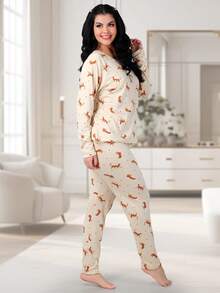 Women's Suede Print Pajamas, Trousers And Long Sleeve Top, Winter REF:PJSL - 卡其色 - 查看 2