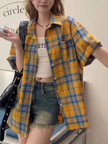 1 件女士休闲格子涤纶纽扣口袋户外格子百搭衬衫，夏季日常穿着
