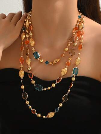 1pc Elegant, Personalized, Fashion Bohemian Baroque Pearl Dopamine Colored Resin Geometric Metal DIY Handmade Women's Y-Shaped Tassel Pendant Jewelry Necklace, Specially Designed For Party, Vacation, Wedding, Cocktail Occasions. As It Is Handmade, The Size, Color And Sequence Of The Resin Blocks May Vary Slightly, Which Is A Normal Phenomenon And Does Not Affect The Overall Aesthetics. Please Feel Free To Purchase.