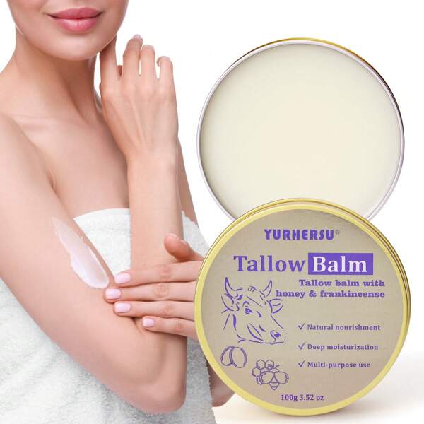 YURHERSU Bálsamo de sebo de 100 ml, cuidado de la piel multiuso, con aceite de oliva y vitamina E, crema corporal hidratante y reafirmante, con aroma fresco, adecuado para todo tipo de pieles