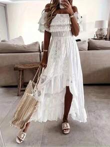Summer Holiday Casual Solid Color Hollow Out Embroidery Lace Trim Off Shoulder Double Ruffle Hem Dress, Boho & Bohemian Style - White - View 6
